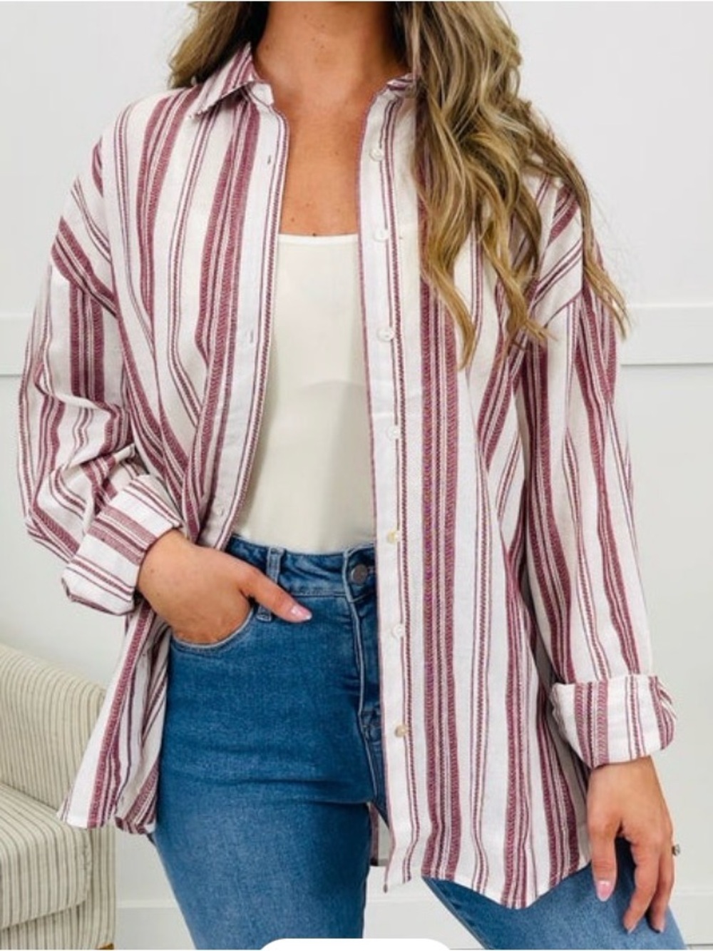 Easel Los Angeles Striped Button-Down Shirt in Cranberry & White